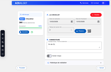 Page de l'étape 1 d'ADI-Algo avec le bouton rouge Checklist en haut à droite
