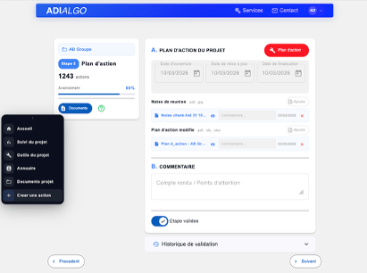 Menu latéral avec le bouton Créer une action accessible en permanence