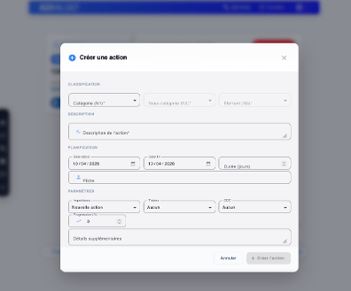 Fenêtre de création d'action avec classification et paramètres