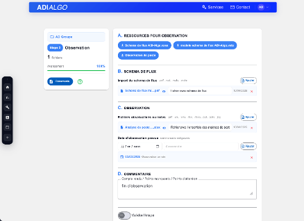 Page de l'étape 3 d'ADI-Algo avec ressources, schéma de flux, observation et dates de terrain