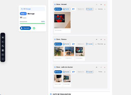 Outil de gestion des photos par zone dans ADI-Algo, chaque zone regroupant les photos prises sur place