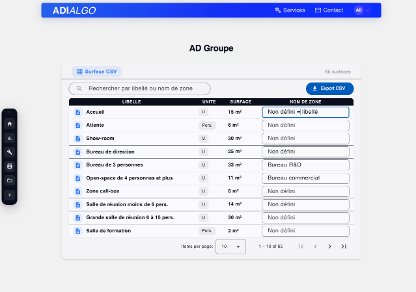 Page d'export des surfaces au format CSV à importer dans Visio