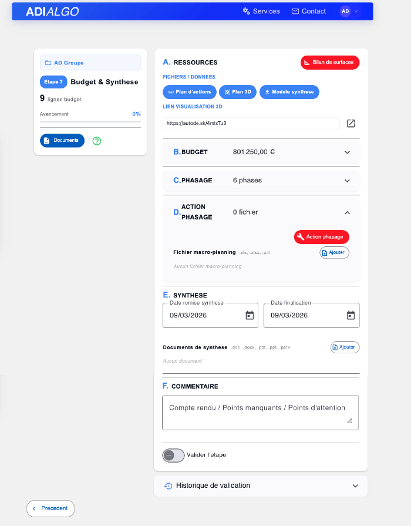 Page de l'étape 7 d'ADI-Algo avec les six blocs : budget, phasage, action phasage, synthèse